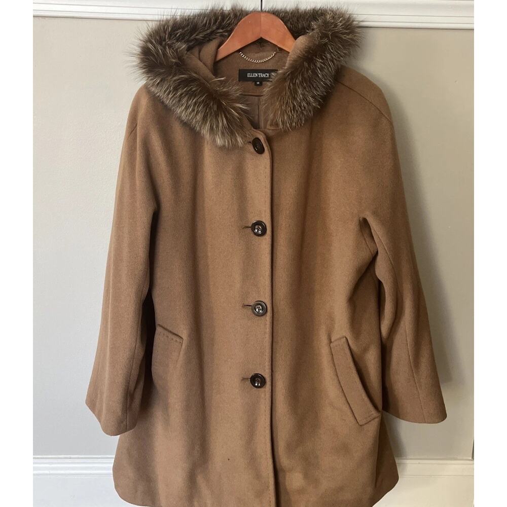 Ellen Tracy Brown Tan Beige Wool Blend Coat with Fox Fur Trim Hood size 14 XL